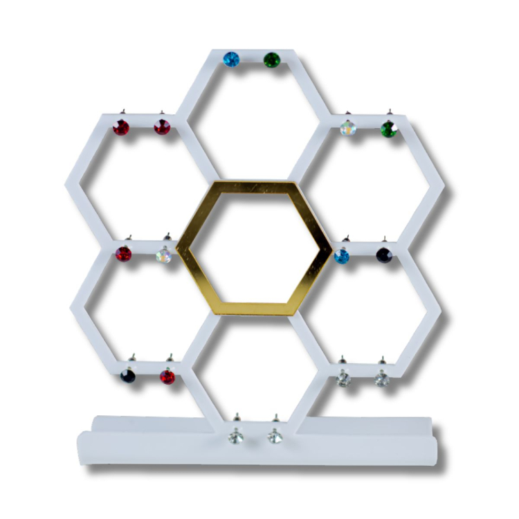 Expositor Hexágono de Brincos em Acrílico - Branco com Dourado 1