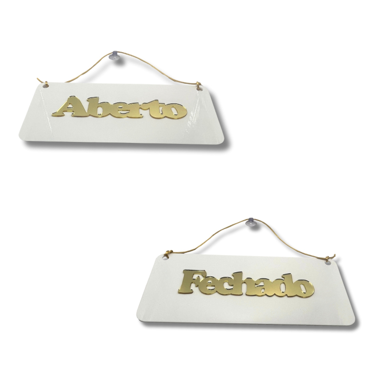 Aberto/Fechado em Acrílico - Branco com Dourado 2