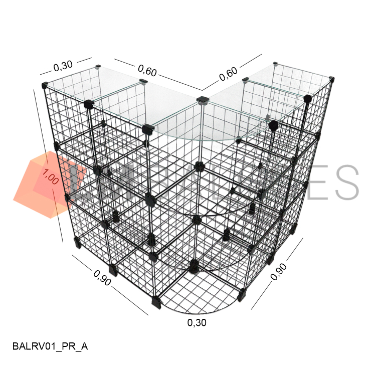 Balcão em L Aramado Preto com Tampo de Vidro - 0,90 X 0,90 X 1,00 X 0,30m 1