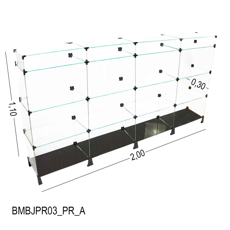 Balcão  de Vidro Com Base Preta - 2,00 X 1,10 X 0,30 M 1