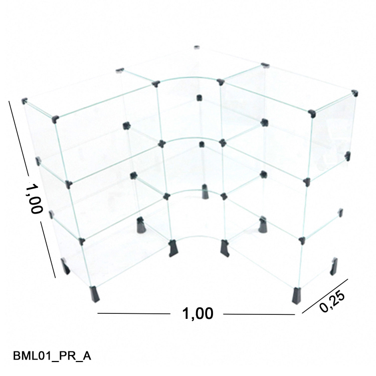 Balcão de Vidro 4mm em L 1,00 x 1,00 x 1,00 x 0,25 1