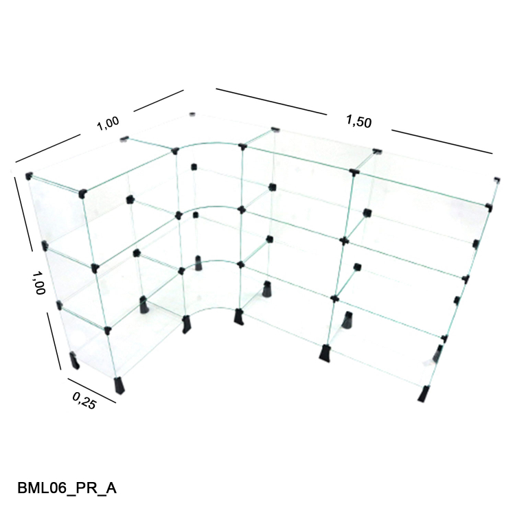 Balcão de Vidro 4mm em L 1,50 x 1,00 x 1,00 x 0,25 1