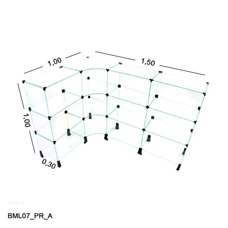 Balcão de Vidro 4mm em L 1,50 x 1,00 x 1,00 x 0,30 1