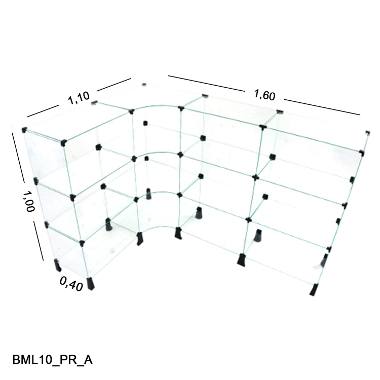 Balcão de Vidro em L - 1,60 x 1,00 x 1,10 x 0,40 M 1