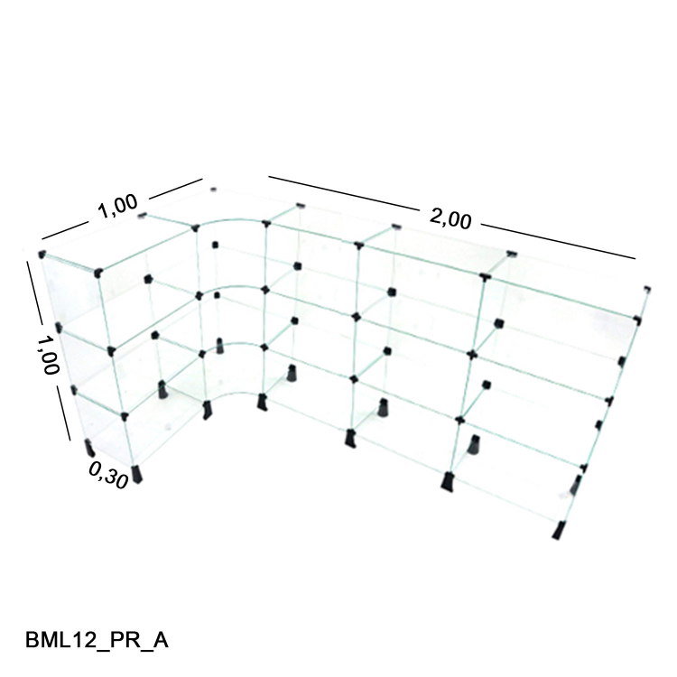 Balcão de Vidro 4mm em L 2,00 x 1,00 x 1,00 x 0,30 1
