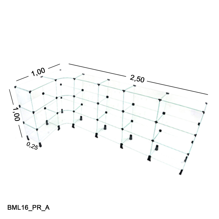 Balcão de Vidro 4mm em L 2,50 x 1,00 x 1,00 x 0,25 1