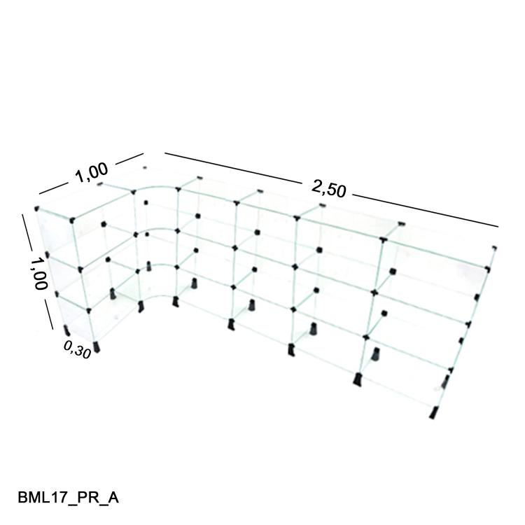 Balcão de Vidro 4mm em L 2,50 x 1,00 x 1,00 x 0,30 1