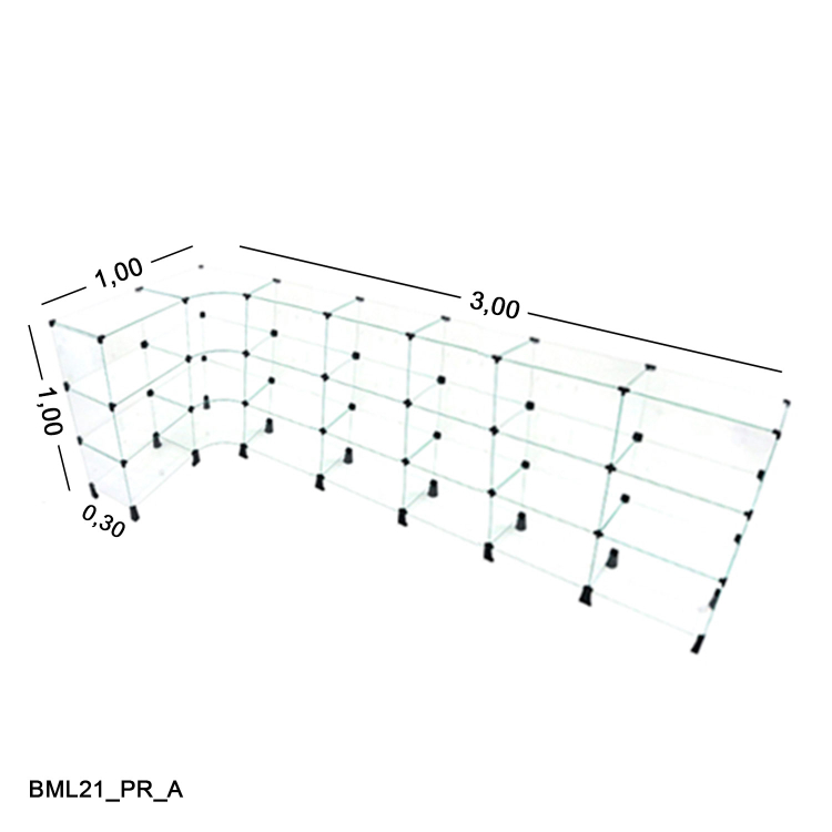 Balcão de Vidro 4mm em L - 3,00 x 1,00 x 1,00  x 0,30 1