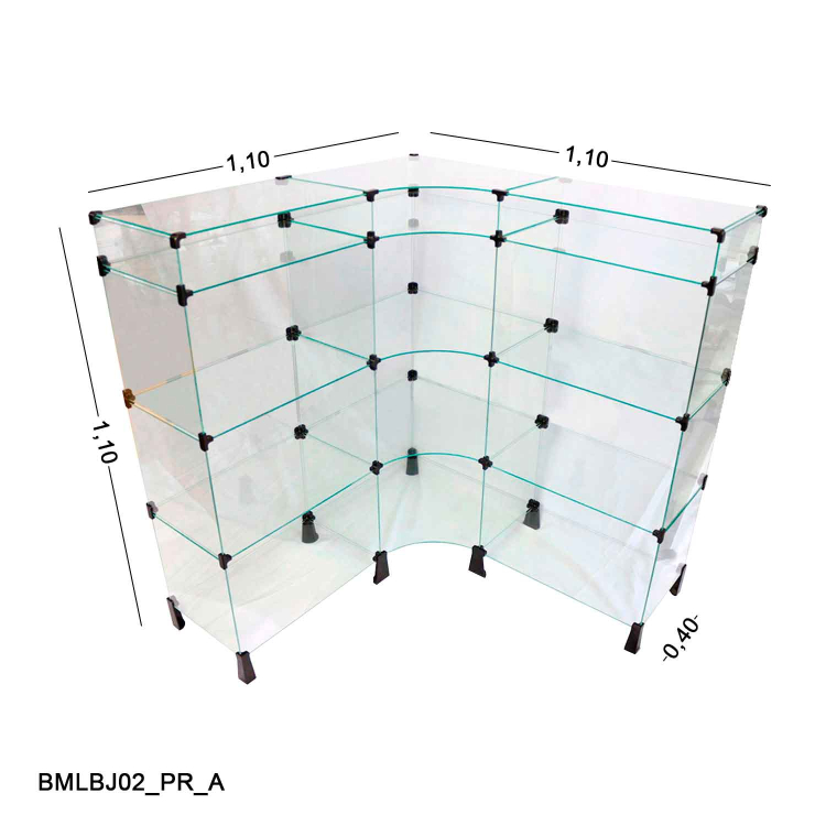 Balcão de Vidro em L com Porta Bijuteria - C/ Conectivo Preto MOD.50 - 1,10 x 1,10 x 1,10 x 0,40m 1