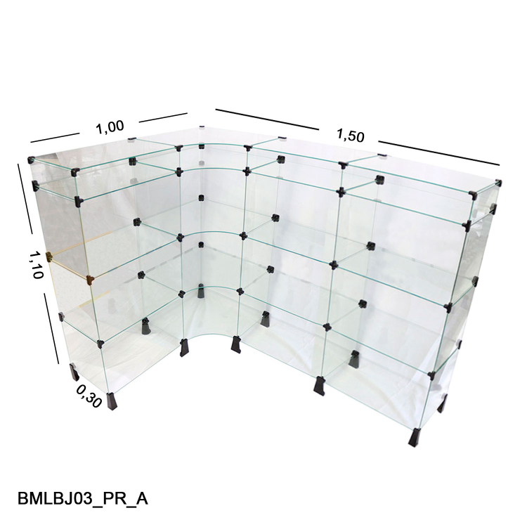 Balcão de Vidro em L com Porta Bijuterias - 1,50 x 1,00 x 1,10 x 0,30 M 1
