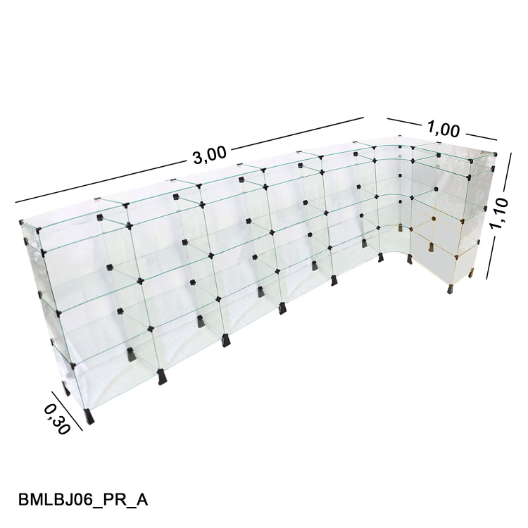 Balcão de Vidro em L Com Porta Bijuterias - 3,00 x 1,00 x 1,10 x 0,30 M 1