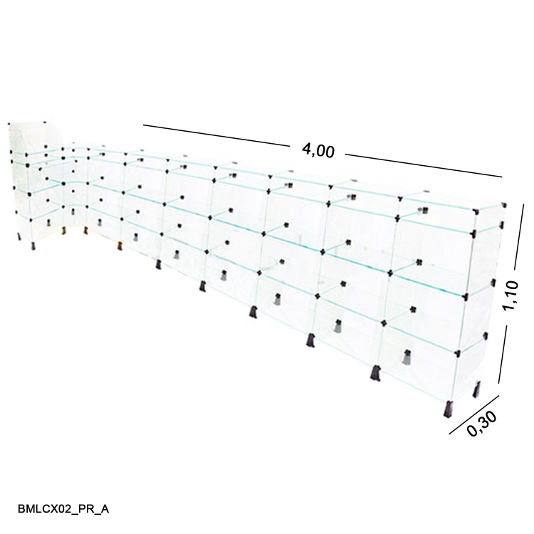 Balcão de Vidro em L com Caixa - C/ Conectivo Preto MOD.50 - 4,00 x 1,10 x 1,00 x 0,30m