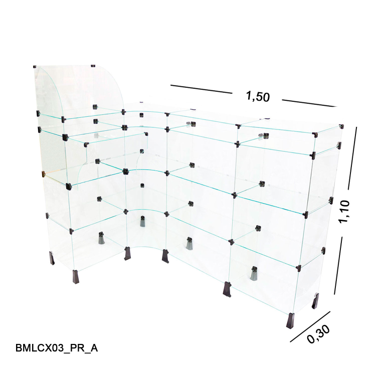 Balcão de Vidro em L com Caixa - C/ Conectivo Preto MOD.50 - 1,50 x 1,10 x 1,00 x 0,30m 1