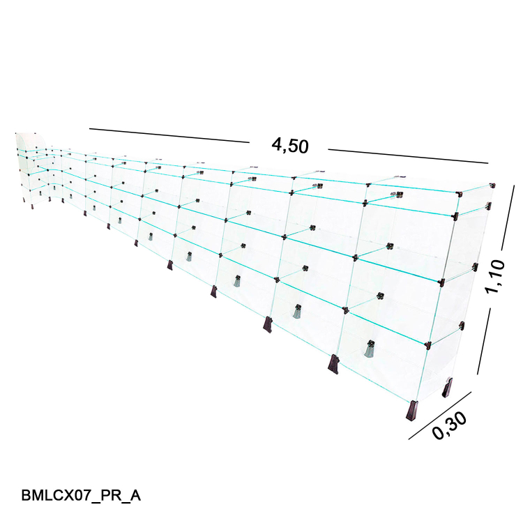 BALCÃO DE VIDRO L C/ CAIXA  4,50 x 1,00 x 1,10 X 0,30 1
