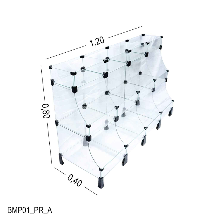 Balcão de Vidro Pirâmide - C/ Conectivo Preto - 1,20 x 0,80 x 0,40m 1
