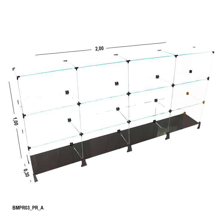 Balcão de Vidro 2,00 x 1,00 x 0,30 M (Com Base Preta) 1