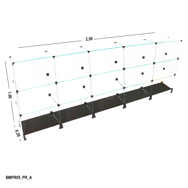 Balcão de Vidro 2,50 x 1,00 x 0,30 M  (Com Base Preta) 1