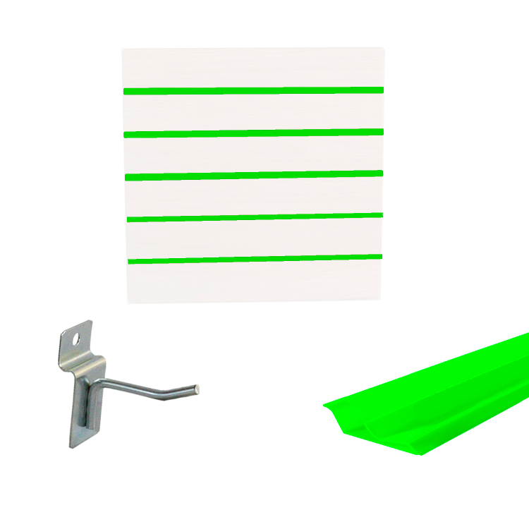 Painel Canaletado em Mdf 0,61 x 0,61m Branco com Perfil Pvc Verde Limão e 20 Ganchos de 5cm Zincado 1