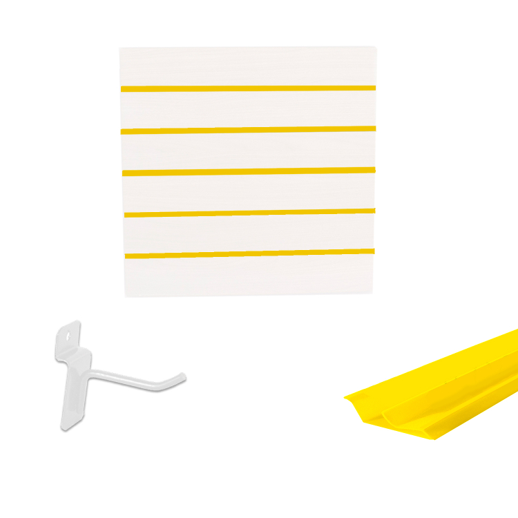 Painel Canaletado em Mdf 0,61 x 0,61m Branco com Perfil Pvc Amarelo e 20 Ganchos de 5cm Branco 1