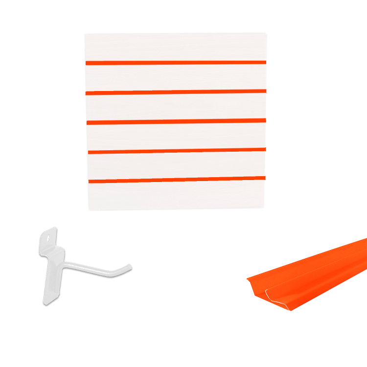 Painel Canaletado em Mdf 0,61 x 0,61m Branco com Perfil Pvc Laranja e 20 Ganchos de 5cm Branco 1