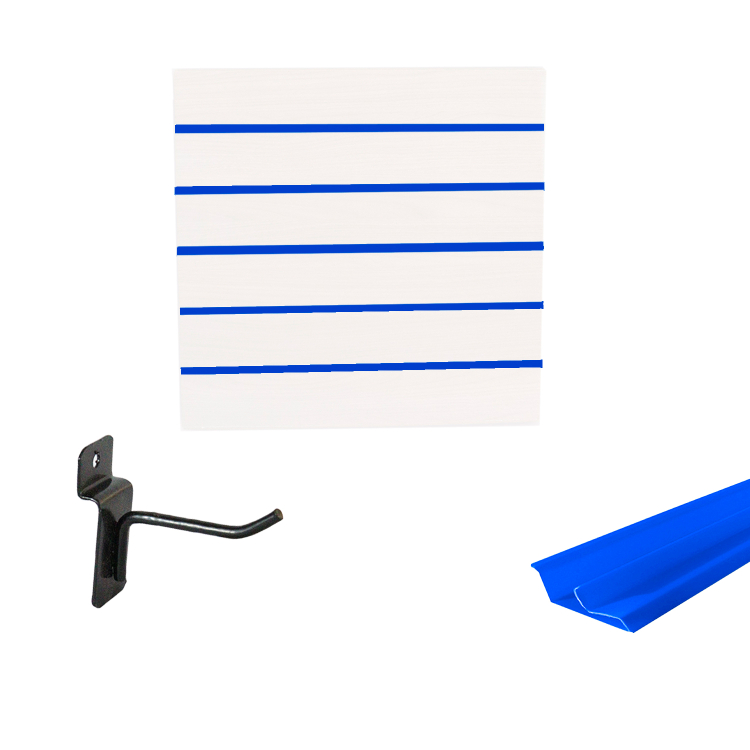 Painel Canaletado em Mdf 0,61 x 0,61m Branco com Perfil Pvc Azul e 20 Ganchos de 5cm Preto 1