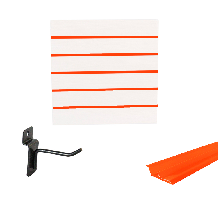 Painel Canaletado em Mdf 0,61 x 0,61m Branco com Perfil Pvc Laranja e 20 Ganchos de 5cm Preto 1