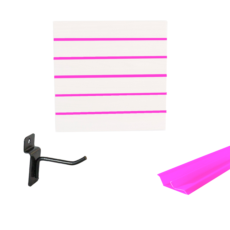 Painel Canaletado em Mdf 0,61 x 0,61m Branco com Perfil Pvc Rosa e 20 Ganchos de 5cm Preto 1