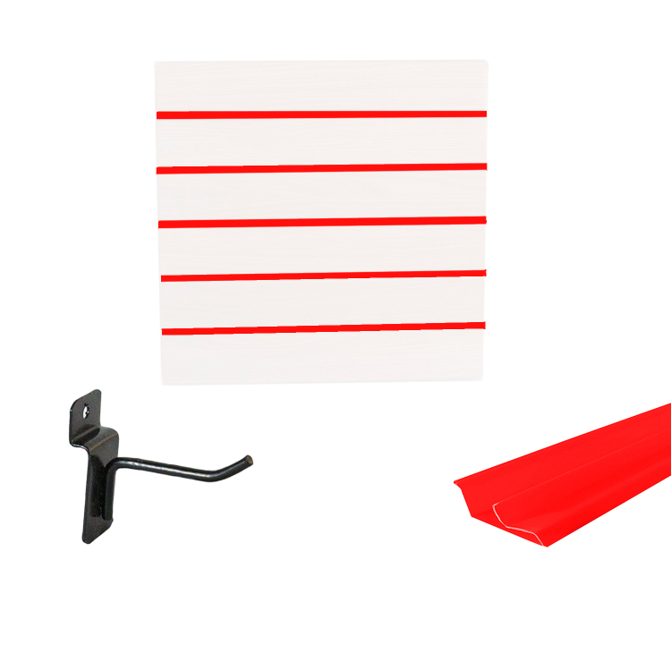 Painel Canaletado em Mdf 0,61 x 0,61m Branco com Perfil Pvc Vermelho e 20 Ganchos de 5cm Preto 1
