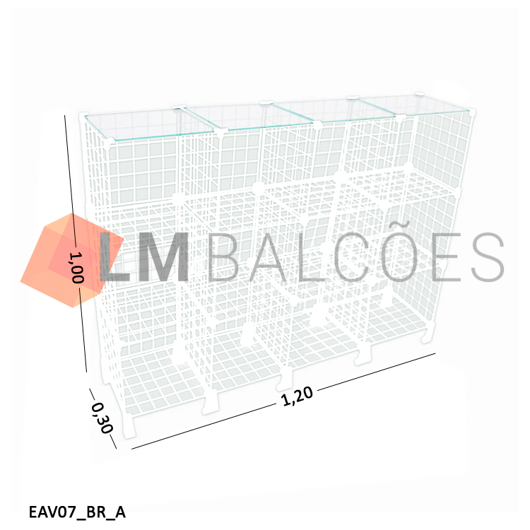 Balcão Aramado Branco Com Tampo de Vidro Temperado - 1,20 X 1,00 X 0,30m 1