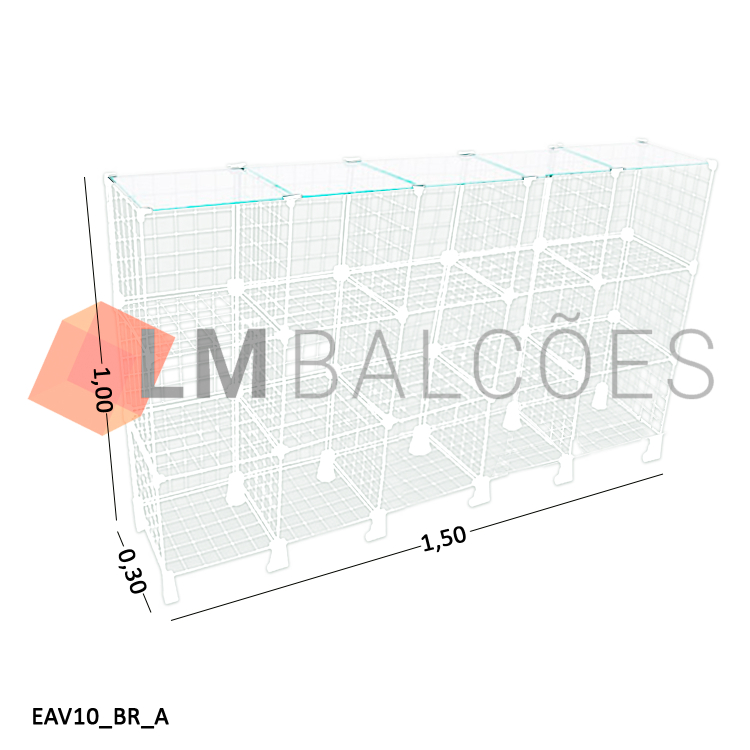 Balcão Aramado Branco Com Tampo de Vidro Temperado - 1,50 X 1,00 X 0,30m 1