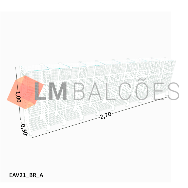 Balcão Aramado Branco Com Tampo de Vidro Temperado - 2,70 x 1,00 x 0,30m 1