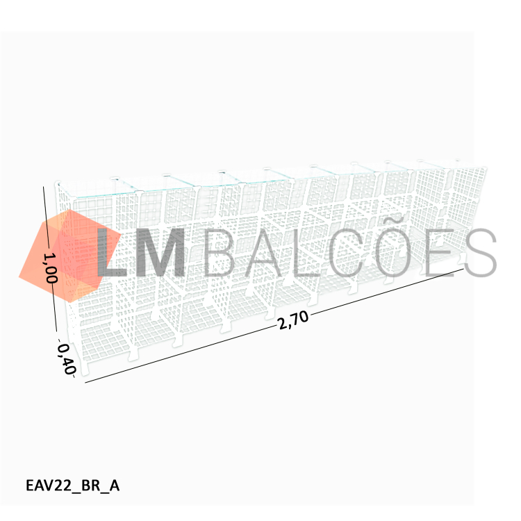 Balcão Aramado Branco Com Tampo de Vidro Temperado - 2,70 x 1,00 x 0,40m 1