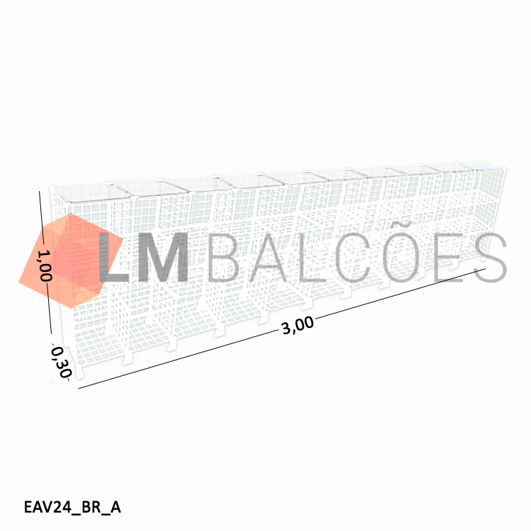 Balcão Aramado Branco Com Tampo de Vidro Temperado - 3,00 x 1,00 x 0,30m 1