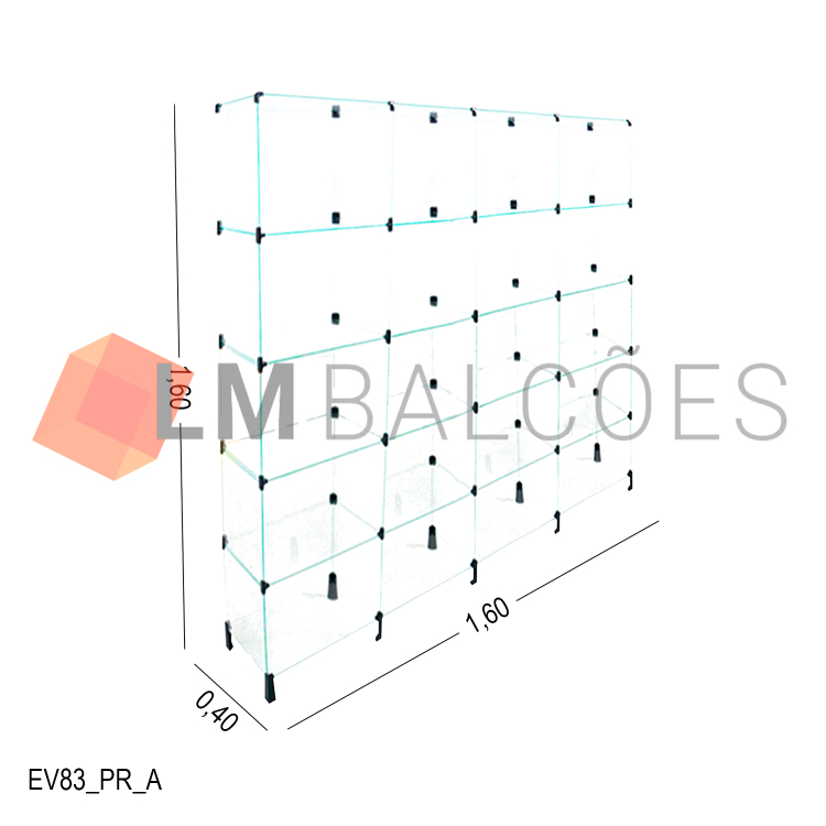Estante de vidro temperado 4mm - C/ Conectivo Preto -  MOD.40 - 1,60 x 1,60 x 0,40m