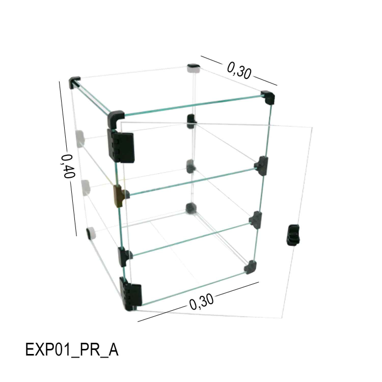 Expositor de Vidro C/ Porta - C/ Conectivo Preto - 0,30 x 0,40 x 0,30m
