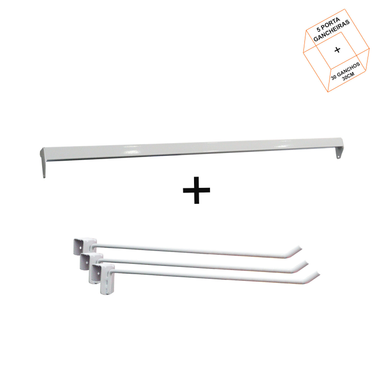 05 Porta Gancheira Branca 92cm + 30 Ganchos Simples Branco 30 cm