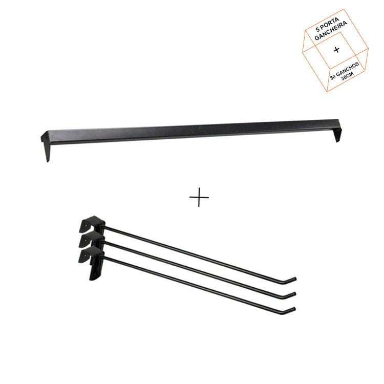 05 Porta Gancheira Preto 92 cm + 30 Ganchos Simples P/ Gôndola Preto 30 cm