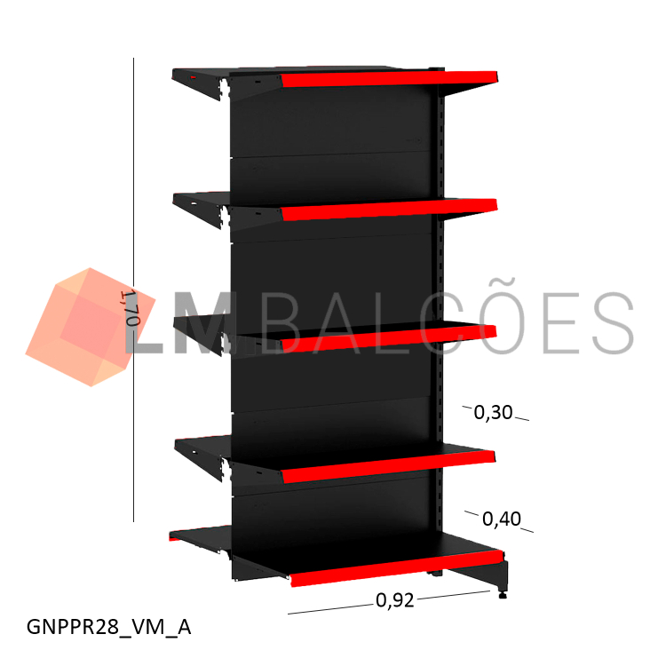 Gôndola Continuação Central New Plus Preta - 0,91x1,70x0,80x0,60m + Porta Etiqueta Vermelho