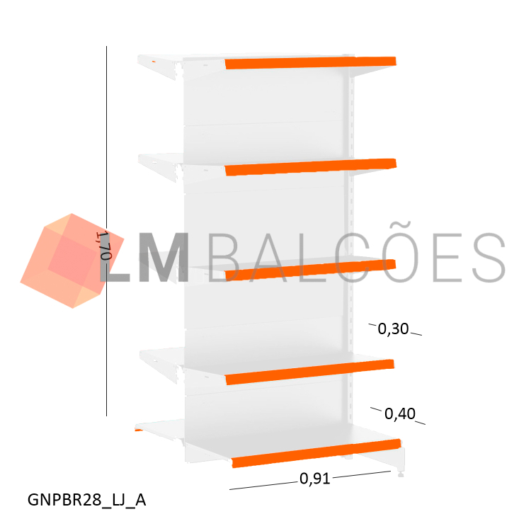 Gôndola Continuação Central New Plus Branca - 0,91x1,70x0,80x0,60m + Porta Etiqueta Laranja 1
