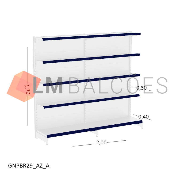 Gôndola Parede New Plus 1,70x0,92x0,30x0,40 - Branco - 2 Metros (1 Inicial +1 Continuação Kit) - Porta Etiqueta Azul 1