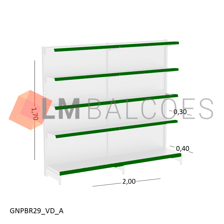 Gôndola Parede New Plus Branca - 2,00x1,70x0,40x0,30m + Porta Etiqueta Verde 1
