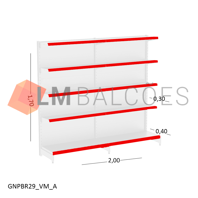 Gôndola Parede New Plus Branca - 2,00x1,70x0,40x0,30m + Porta Etiqueta Vermelho 1
