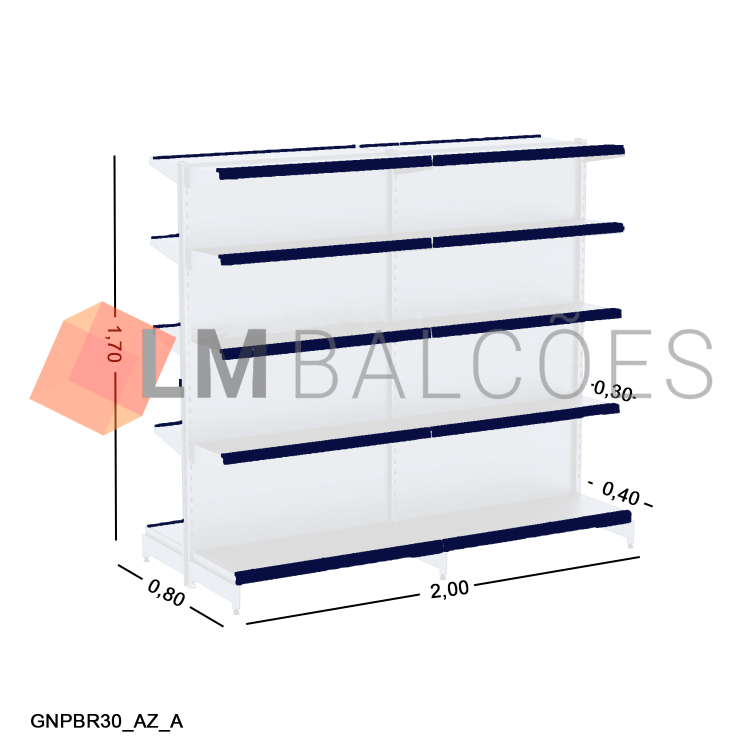 Gôndola Central New Plus Branca - 2,00x1,70x0,40x0,30m + Porta Etiqueta Azul 1