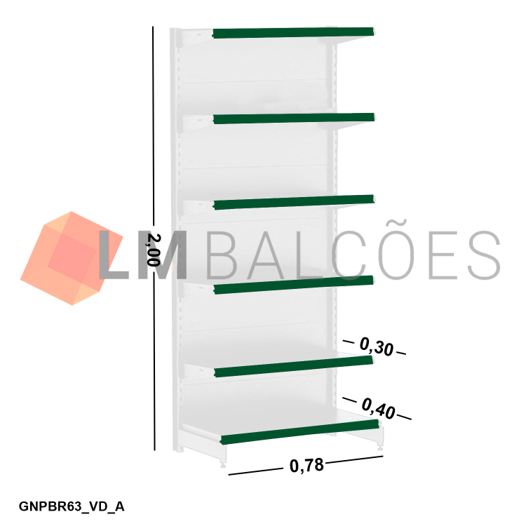Gôndola Ponta New Plus Branca - 0,78x2,00x0,40x0,30m + Porta Etiqueta Verde 1