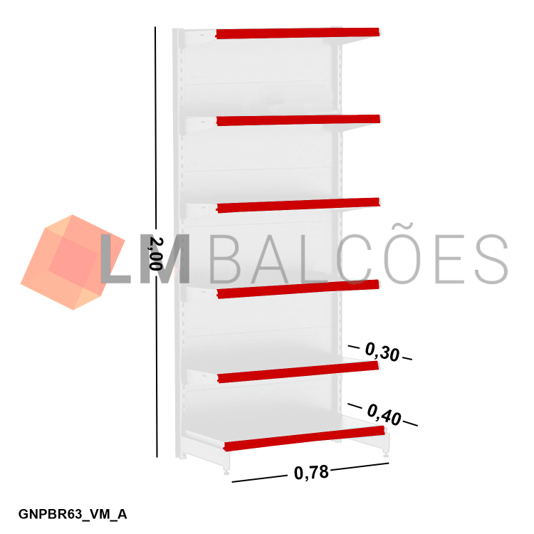 Gôndola Ponta New Plus Branca - 0,78x2,00x0,40x0,30m + Porta Etiqueta Vermelho 1