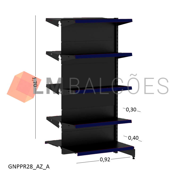 Gôndola Continuação Central New Plus Preta - 0,91x1,70x0,80x0,60m + Porta Etiqueta Azul 1