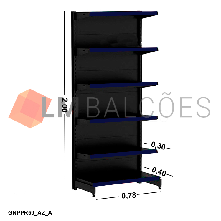 Gôndola Ponta New Plus Preta - 0,78x2,00x0,40x0,30m + Porta Etiqueta Azul 1