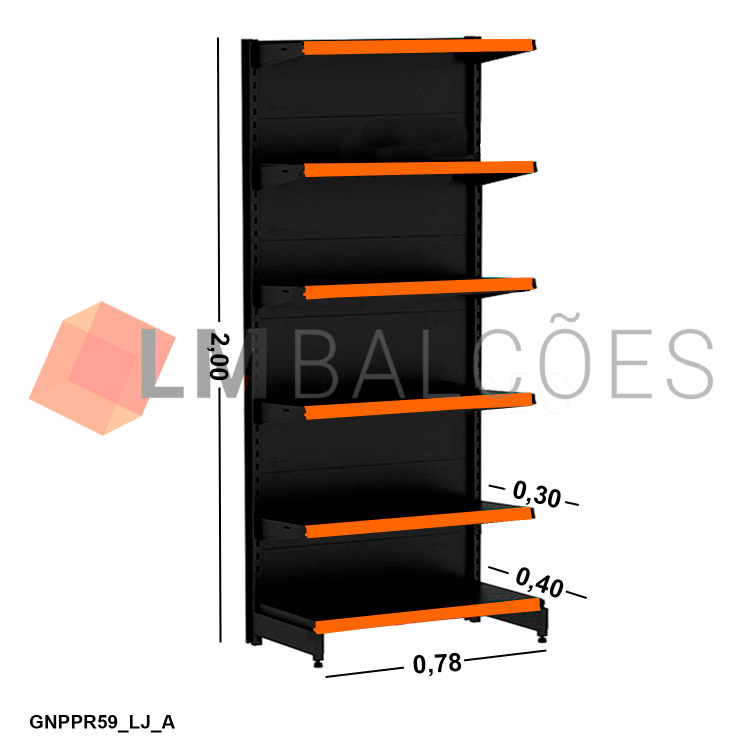 Gôndola Ponta New Plus Preta - 0,78x2,00x0,40x0,30m + Porta Etiqueta Laranja 1