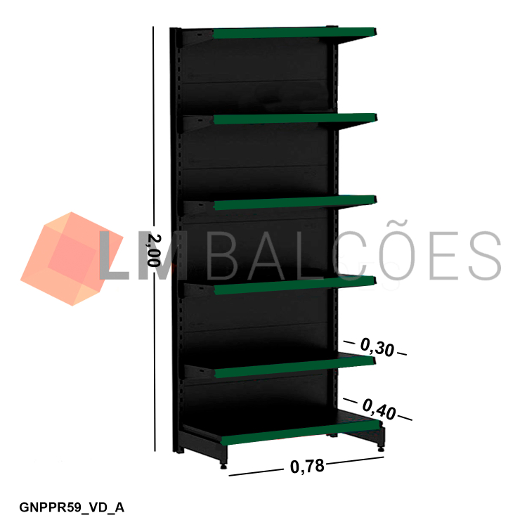 Gôndola Ponta New Plus Preta - 0,78x2,00x0,40x0,30m + Porta Etiqueta Verde 1