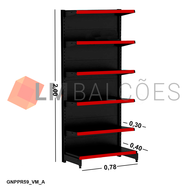 Gôndola Ponta New Plus Preta - 0,78x2,00x0,40x0,30m + Porta Etiqueta Vermelho 1